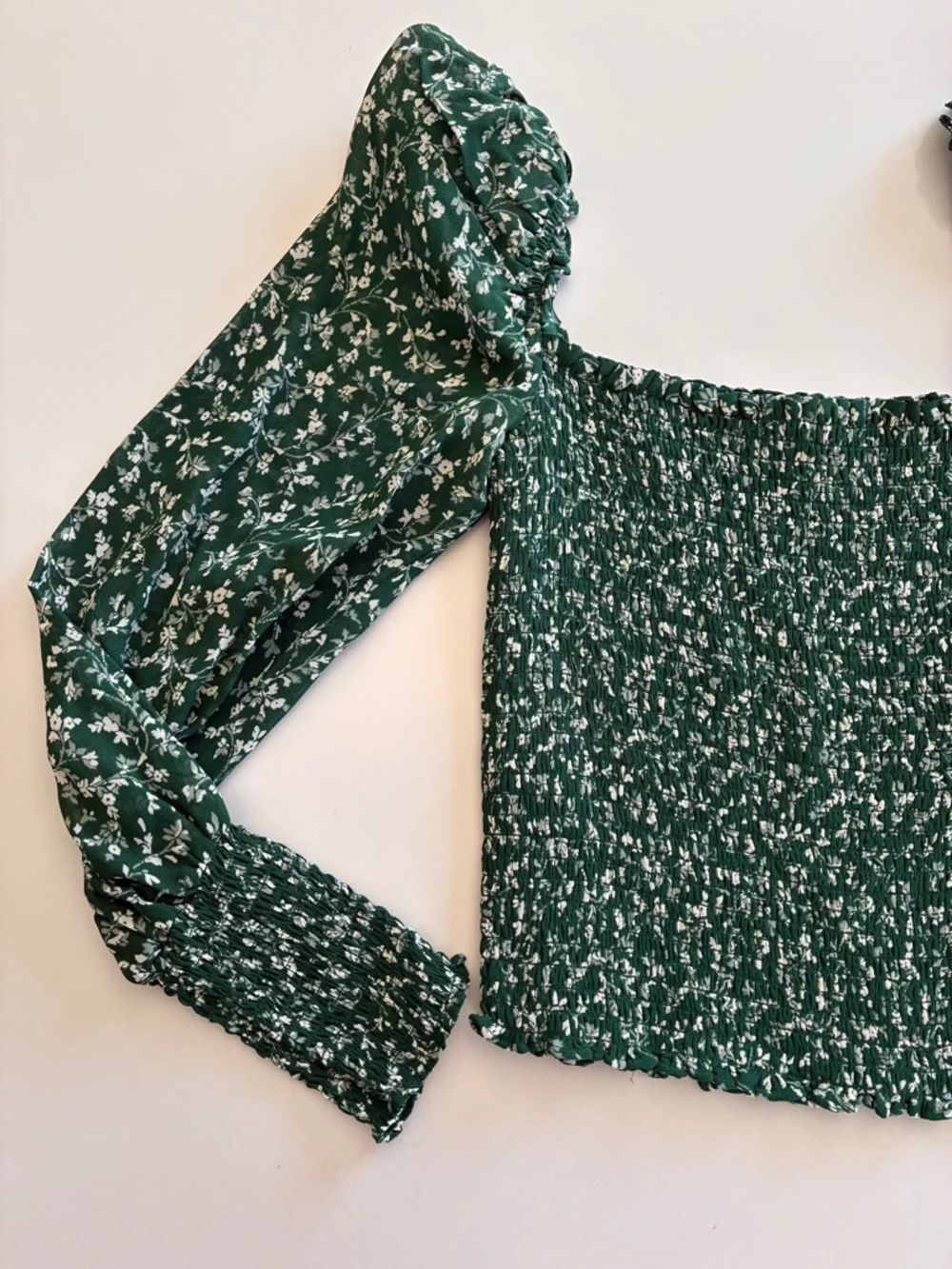 Reformation-Pinto Top-Green-Floral-Cottage-Puff Sleeve-Smocked-Feminine-S